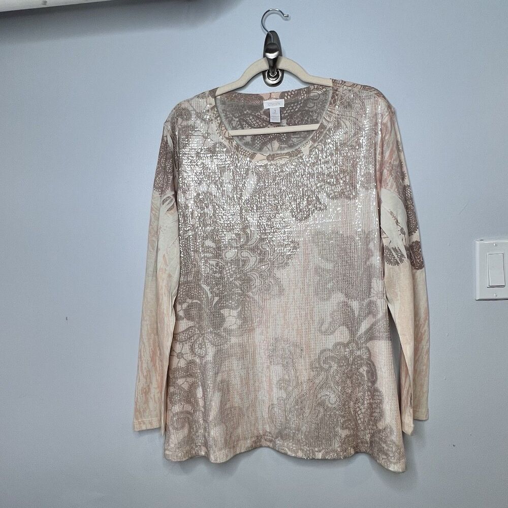 Chicos Womens Sequin Top Sz Sz XL Long Sleeve Paisley Floral Fairy Lightweight